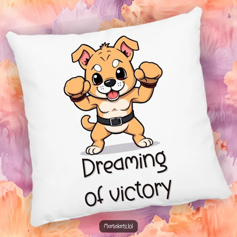 Funny dog pillow showcasing a proud dog in a victorious boxing pose, offering comfort and a humorous touch.
