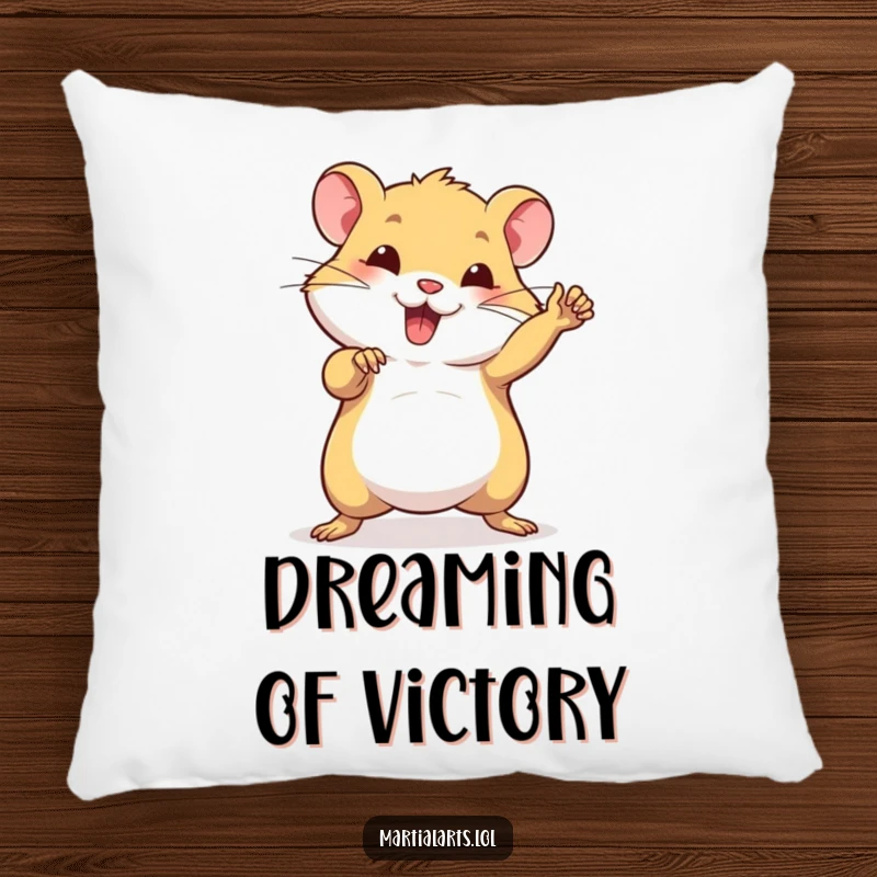 Funny pillow showcasing a beaming hamster in a strong, comical martial arts pose, perfect for soft laughs.