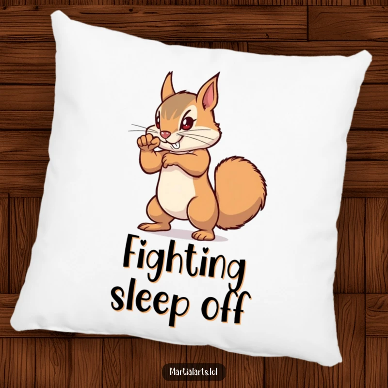Funny Squirrel Punch Pillow featuring a determined squirrel practicing a punch, perfect for cozying up with, adding humor.