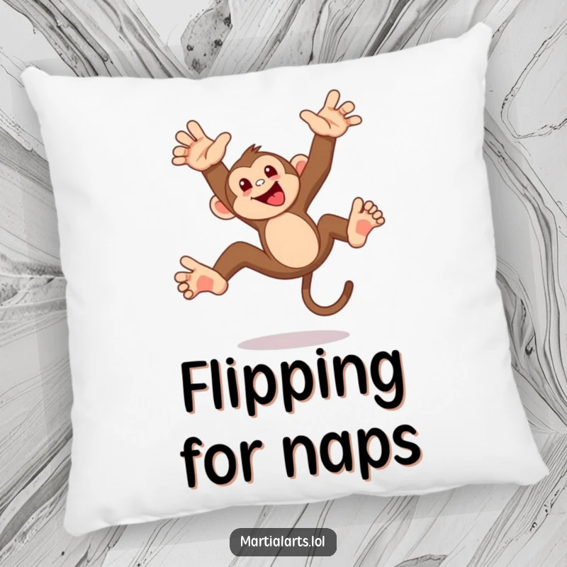 Funny monkey flip pillow, a mischievous monkey performing a playful acrobatic flip, soft and cuddly, bringing jungle vibes and humor to your decor.