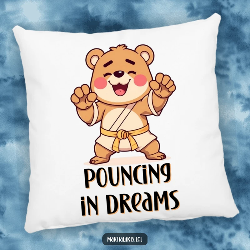 Funny pillow with a happy bear striking a martial arts pose, providing comfortable decor with warrior spirit.