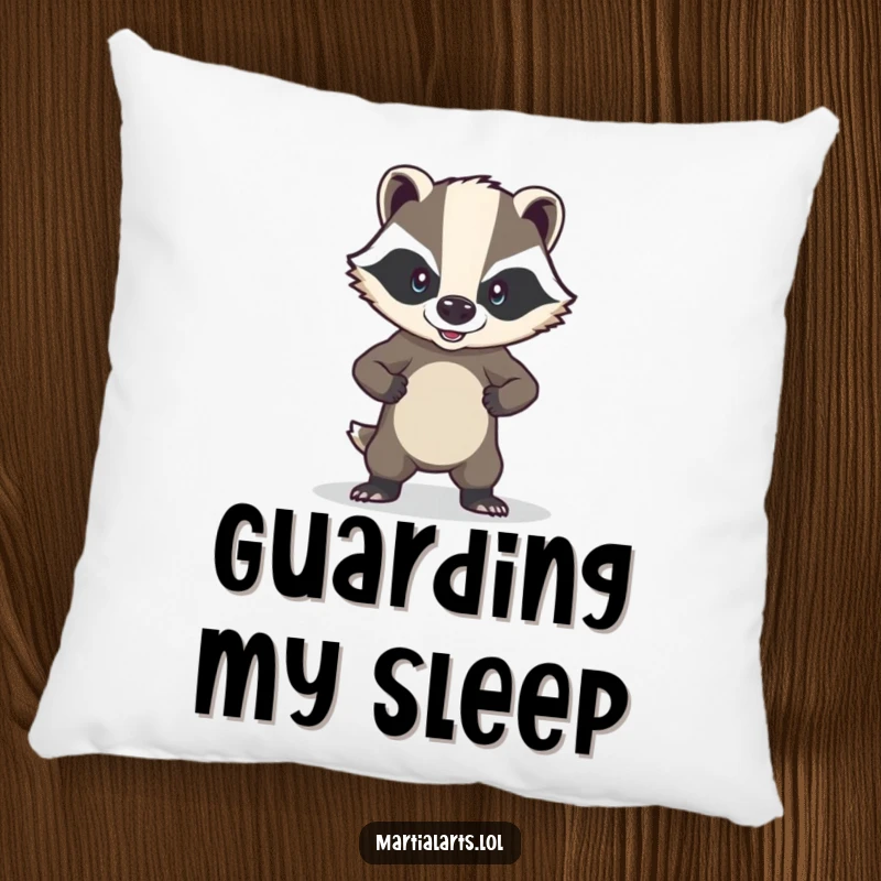 Funny brave badger pillow featuring a badger in a soft, defensive posture, offering comfort.