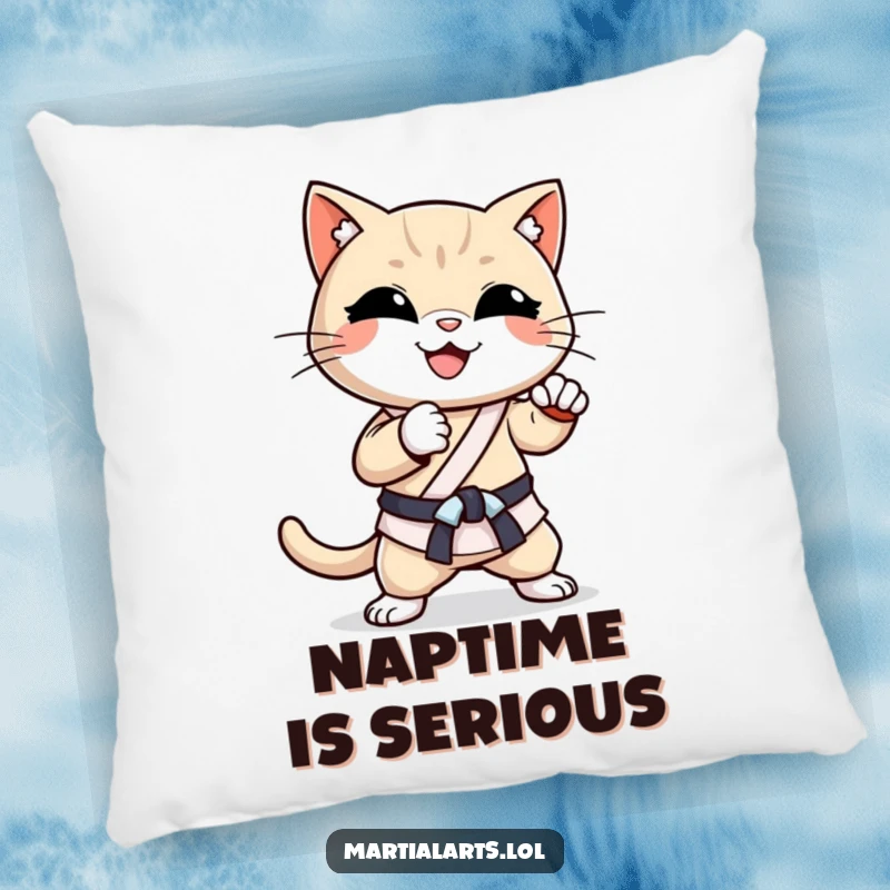 Funny Cat Karate Chop Pillow: A happy, smiling cat performing a karate chop, perfect for adding a humorous touch to furniture.