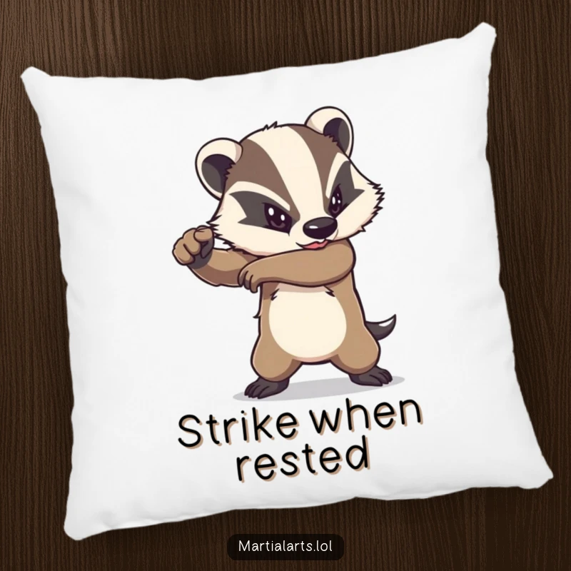 Funny badger elbow strike pillow showing a determined animal delivering a powerful strike, providing comfortable and fierce support.