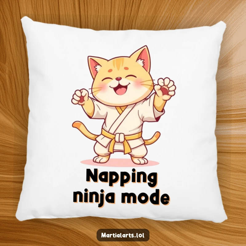 Funny Pillow: A happy cat striking a dynamic karate pose, offering both comfort and a humorous visual for relaxation.