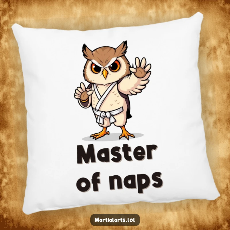 Funny owl karate pillow showing a proud bird in a graceful pose, providing comfortable and humorous support.