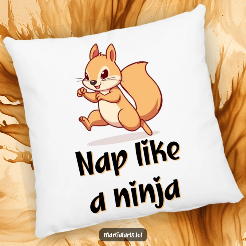 Funny Squirrel Pillow: A determined squirrel in a swift, agile martial arts stance, providing humorous comfort and decor.