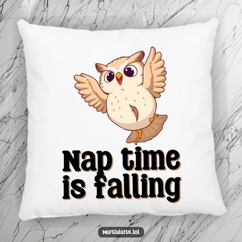 Funny pillow featuring a startled owl tumbling from a leap, offering humorous comfort and décor.