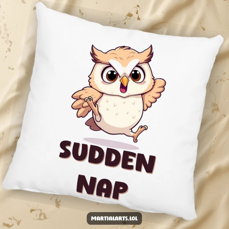 Funny startled owl pillow featuring a cute owl comically tumbling, perfect for relaxation.