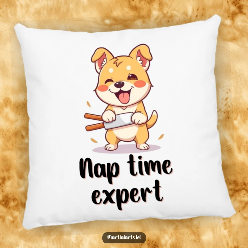Funny Dog Pillow: A silly dog performing a clumsy, enthusiastic karate chop, offering humorous comfort and decor.