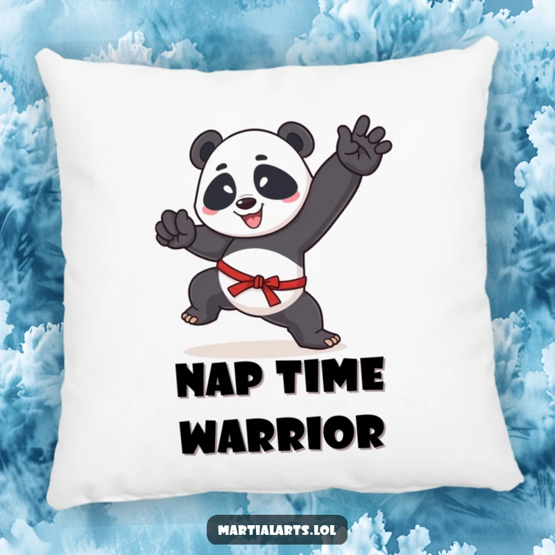 Funny pillow featuring a happy panda in a martial arts pose, soft and comfortable, perfect for adding humor to a sofa.