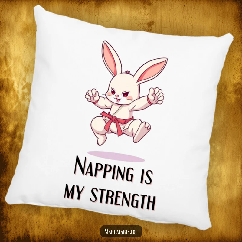 Funny bouncing bunny in martial arts stance, plush funny pillow, perfect for cozy dojo vibes, gift.