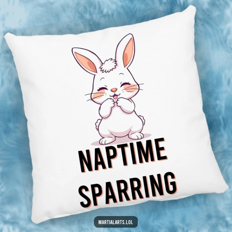 Funny pillow featuring a playful bunny bowing with a mock strike, offering humorous comfort and décor.