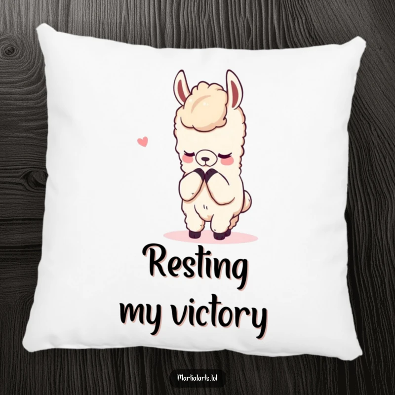 Funny pillow showcasing a content llama hilariously bowing respectfully after a mock fight, perfect for soft laughs.