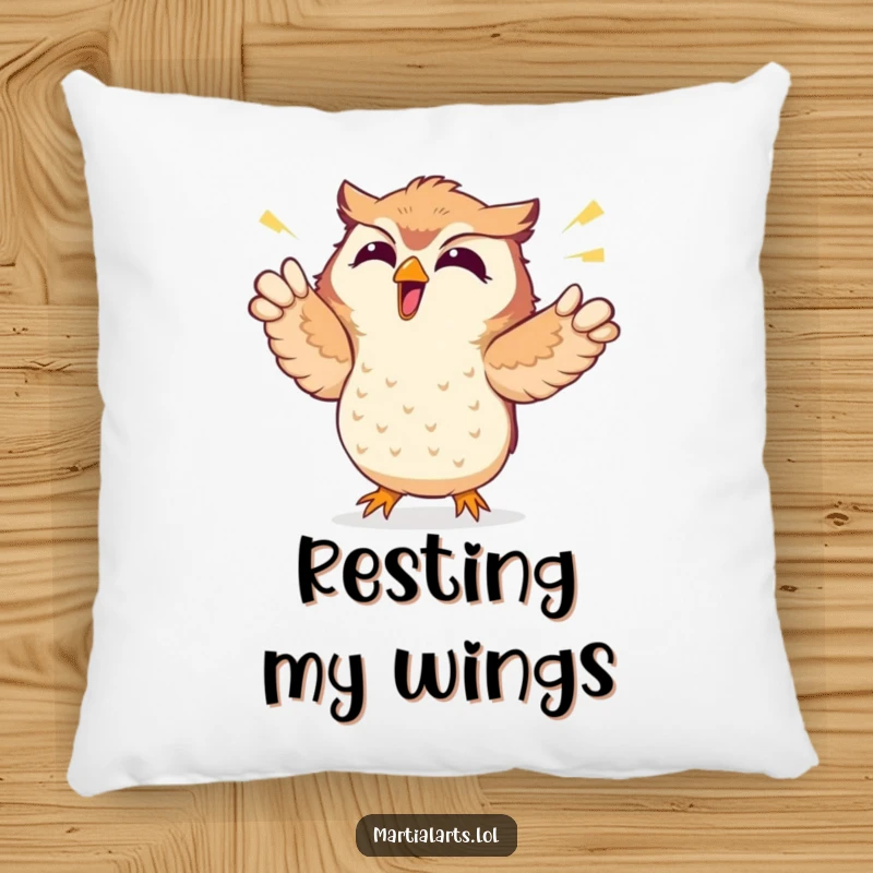 Funny pillow showcasing a giggling owl in a comical pose, punching the air with unrestrained, humorous glee.