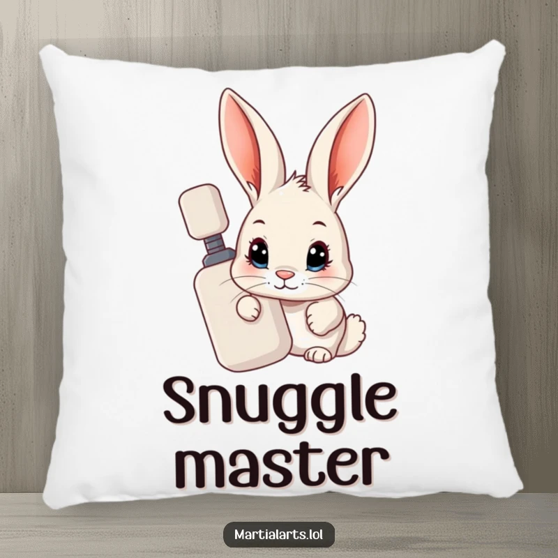 Funny Rabbit Pillow: A curious rabbit peeking from behind a training dummy, offering humorous comfort and playful decor.