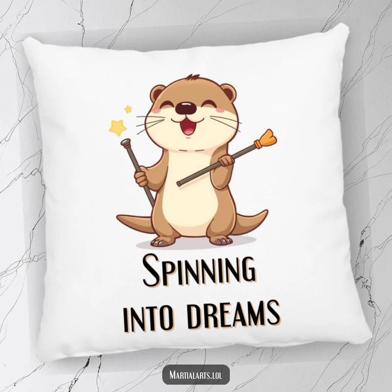 Funny Otter Staff Pillow featuring a joyful otter spinning a staff, perfect for cozying up with, adding humor.