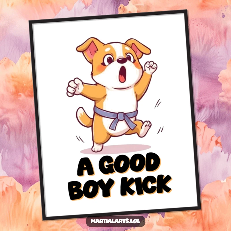 Funny Dog Kick Digital Art: A surprised dog captured mid-air while attempting a clumsy, hilarious martial arts kick.