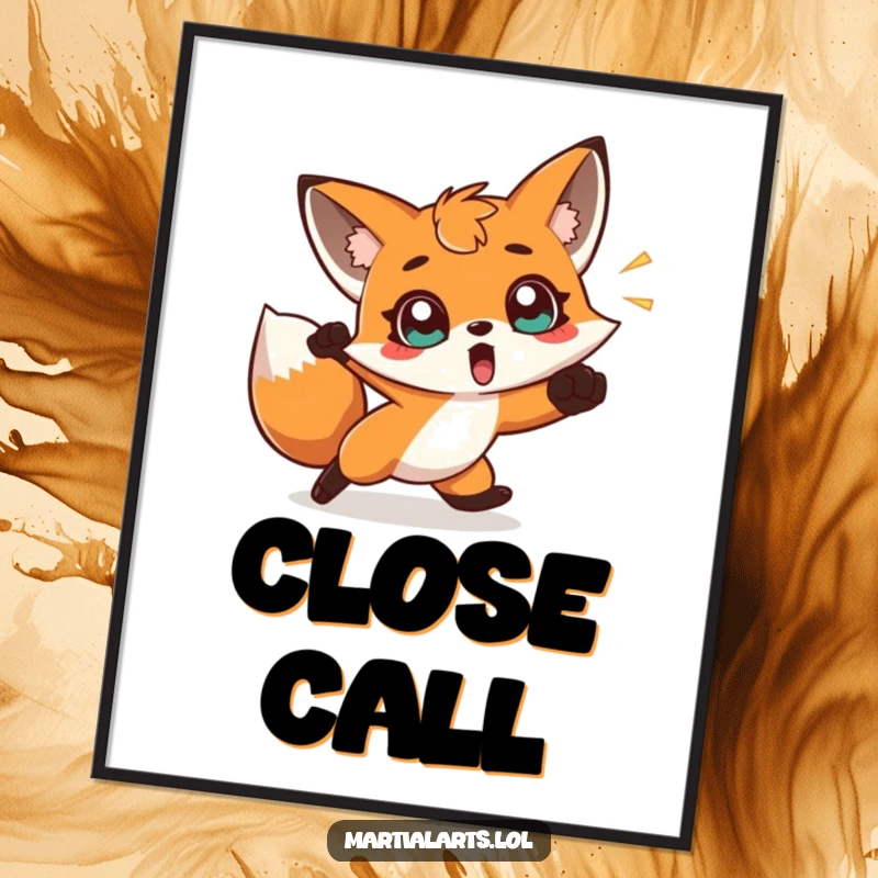 Funny digital art print of a surprised fox dodging a punch, ideal for humorous, reaction-themed home decor.