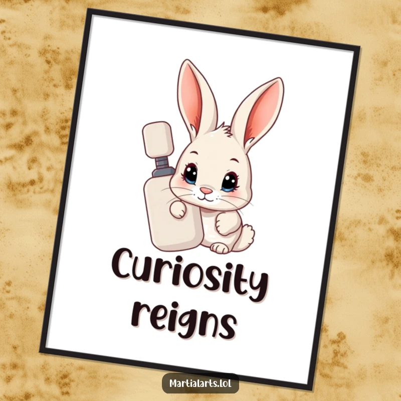 Funny Rabbit Digital Print: A curious rabbit peeking from behind a training dummy, offering instant humorous intrigue.