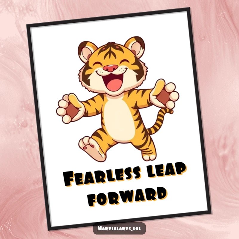 Funny digital art print of a joyful tiger in a powerful leap, conveying energy and wild spirit.