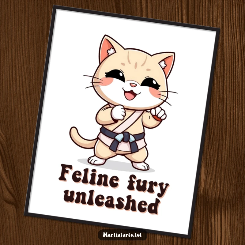Funny Cat Karate Chop Digital Art: A smiling cat executing a powerful karate chop, perfect for printable wall art.