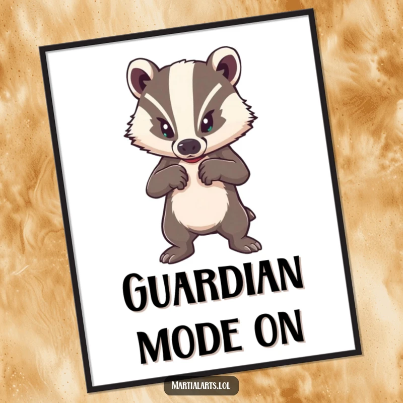 Funny digital art print of a brave badger in a strong defensive posture, ideal for humorous wall decor.