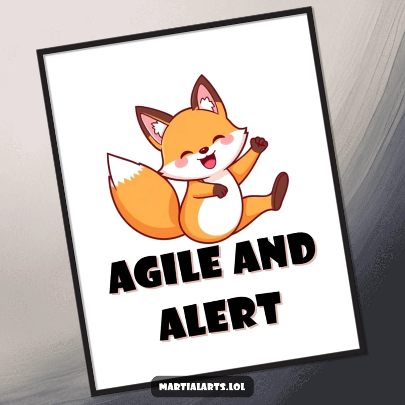 Funny Fox Flying Kick Digital Art Print: A depiction of a fox performing a lively flying kick, offering instant visual excitement and humorous appeal.