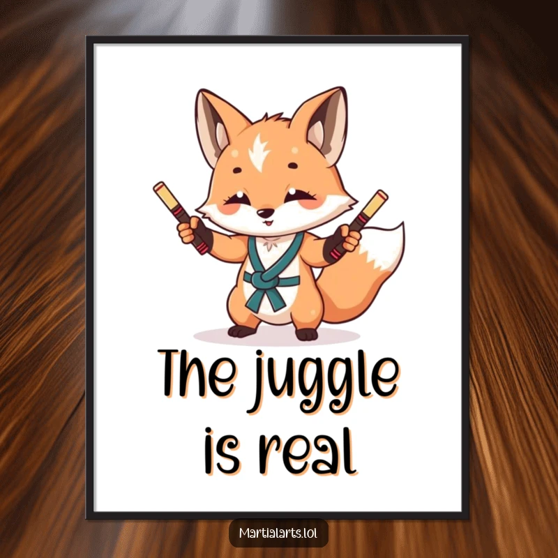 Funny Fox Nunchuck Digital Art: A curious fox with a playful glint, skillfully juggling miniature nunchucks.