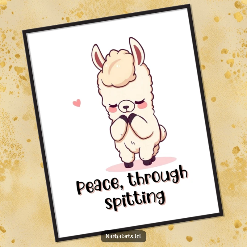 Funny digital art print of a content llama bowing respectfully after a mock fight, offering instant serene decor.