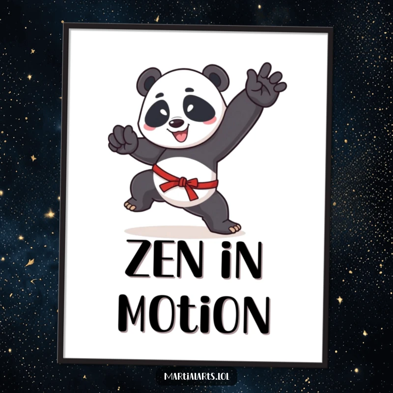 Funny digital art print of a happy panda in a high martial arts kick, conveying power and playful humor.