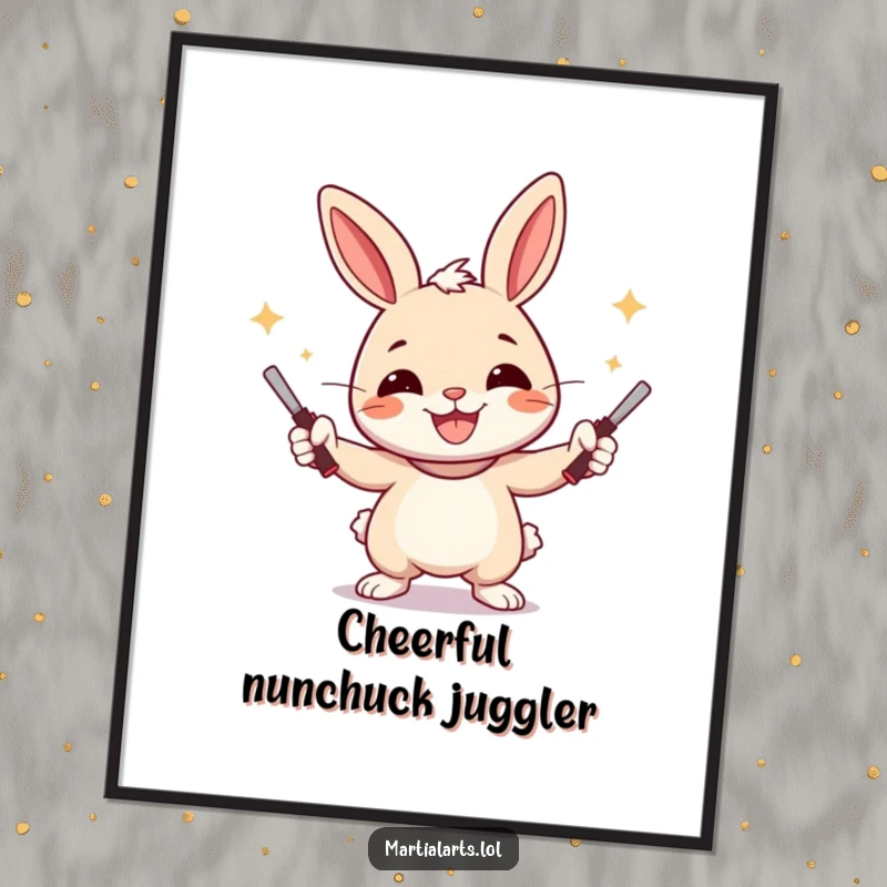 Funny Rabbit Digital Art Print of a cheerful rabbit juggling nunchucks with a wide smile, for instant humor.