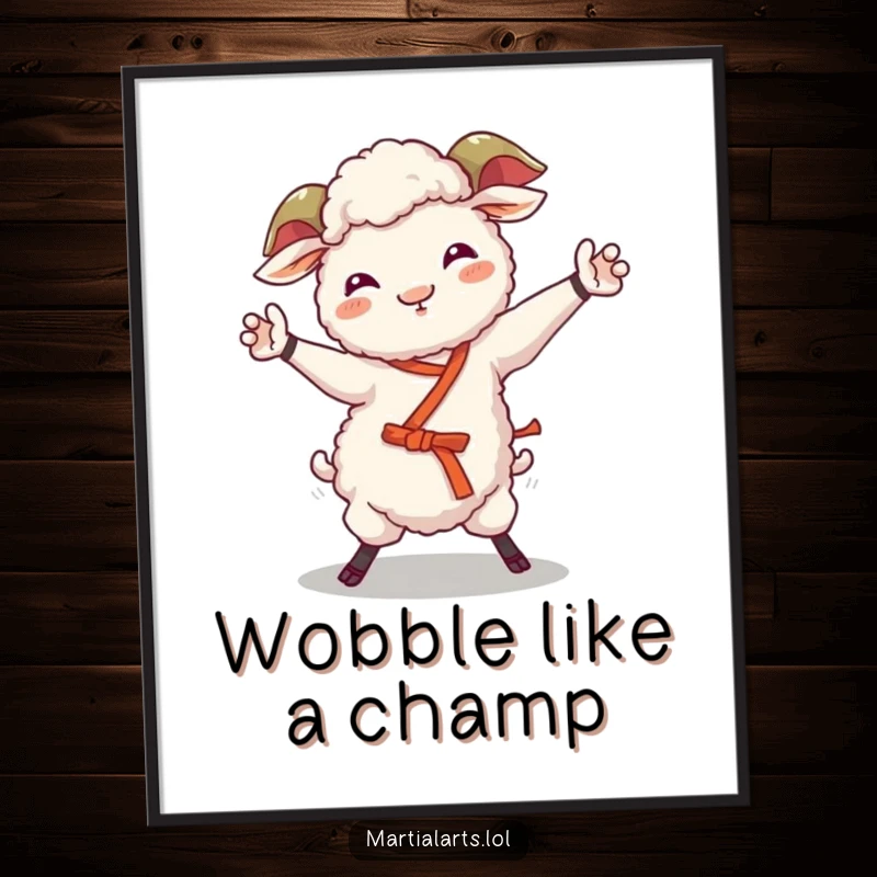Funny sheep digital art print of a giggling sheep attempting a wobbly martial arts move, bringing playful energy.