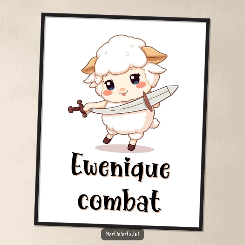 Funny digital art print of a fluffy sheep spinning with a pretend sword, offering instant whimsical decor.