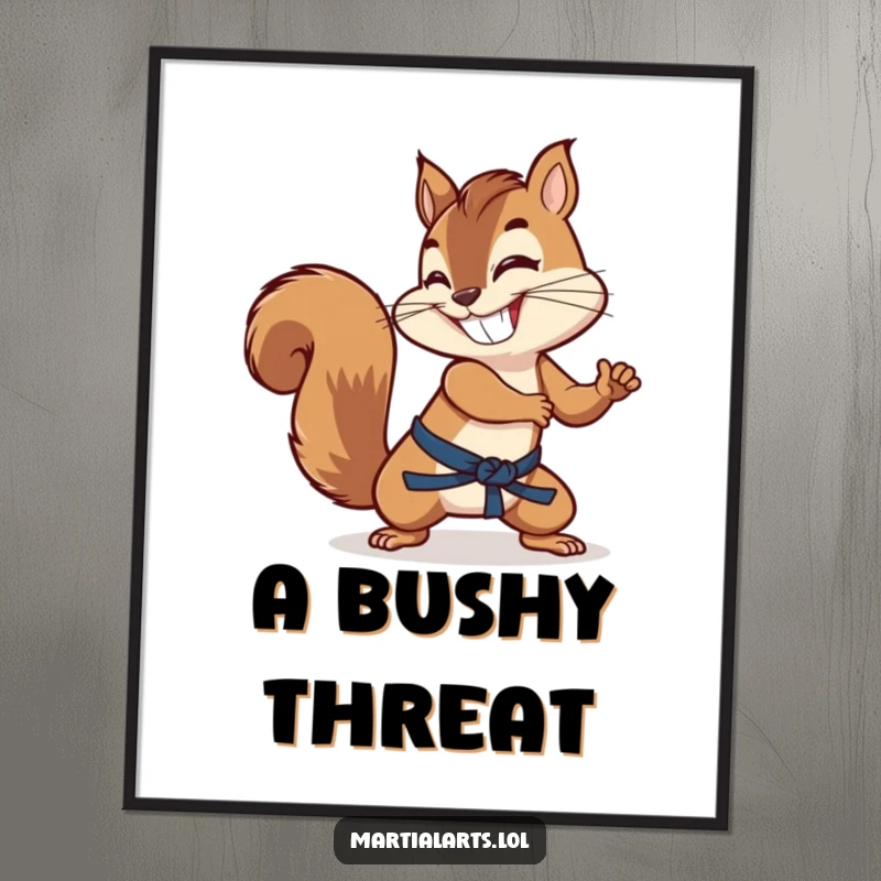 Funny squirrel with a grin, using its tail as a martial arts weapon, available as a digital art print.