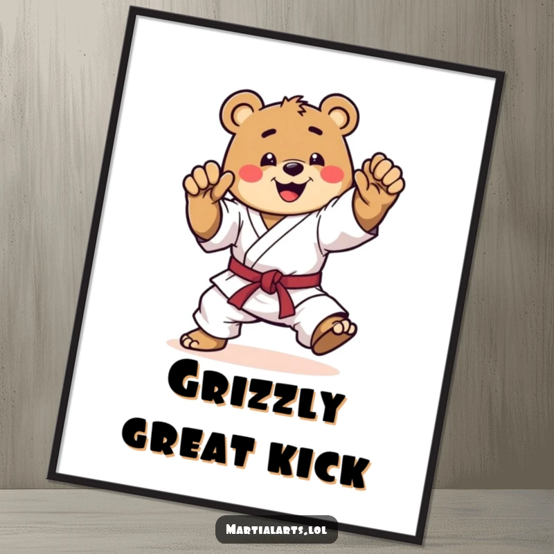 Funny karate bear digital art print, a happy bear in a dynamic mid-kick, capturing the energy and humor of martial arts for wall decor.