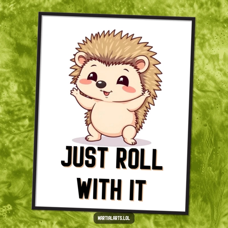 Funny digital art print of a hedgehog wobbling precariously in a yoga pose, offering instant whimsical decor.