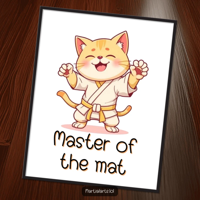 Funny Digital Art Print: A happy cat striking a decisive karate pose, radiating humorous energy and martial arts spirit.