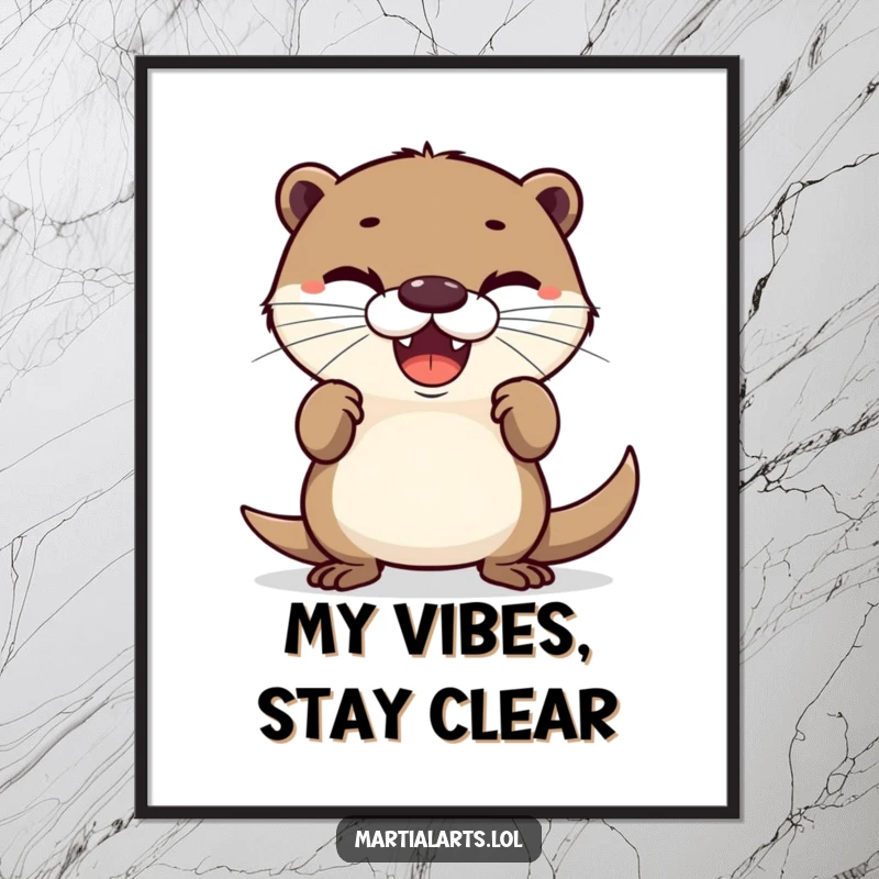 Funny digital art print of a delighted otter in a humorous defensive stance, capturing a moment of funny bravery.