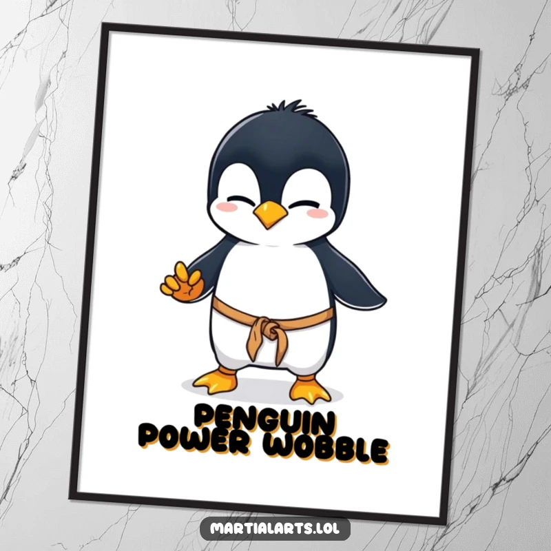 Funny penguin karate digital art print, a curious penguin wobbling in a clumsy martial arts stance, capturing adorable awkwardness and humor for wall decor.