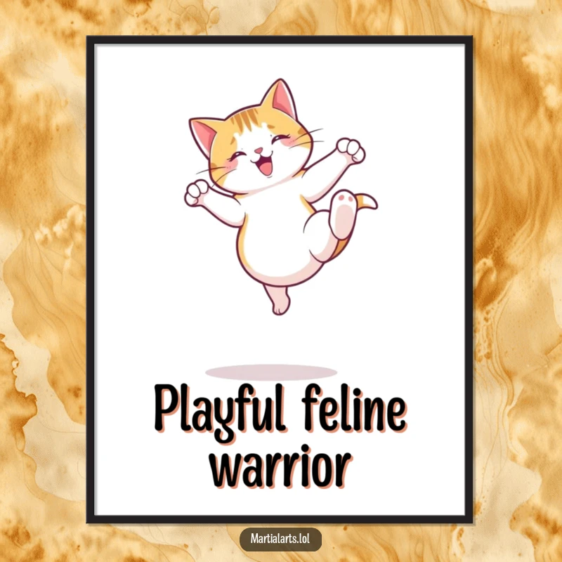Funny Cat Digital Art Print of a jumping cat executing a playful roundhouse kick, radiating feline agility and humor.