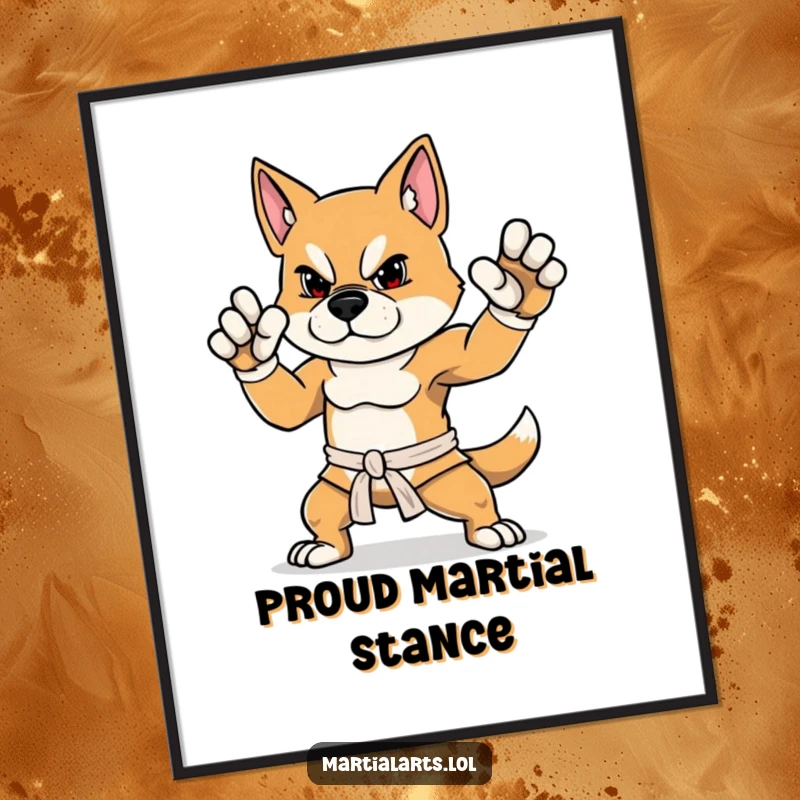 Funny Dog Digital Art Print of a determined dog striking a proud, balanced martial arts stance, for instant humor.