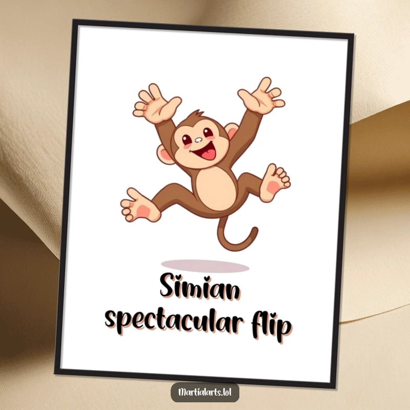 Funny monkey flip digital art print, a mischievous monkey mid-acrobatic flip, capturing playful energy and jungle spirit for humorous wall decor.