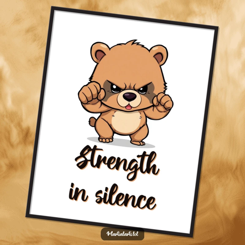 Funny Digital Art Print: A determined bear cub radiates intense focus, preparing to land a powerful cartoon punch.