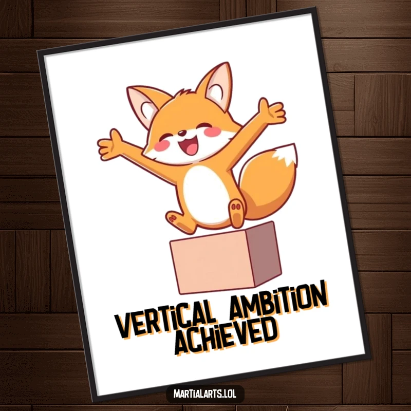 Funny fox leaping joyfully with arms outstretched in a block, available as a high-resolution digital art print.