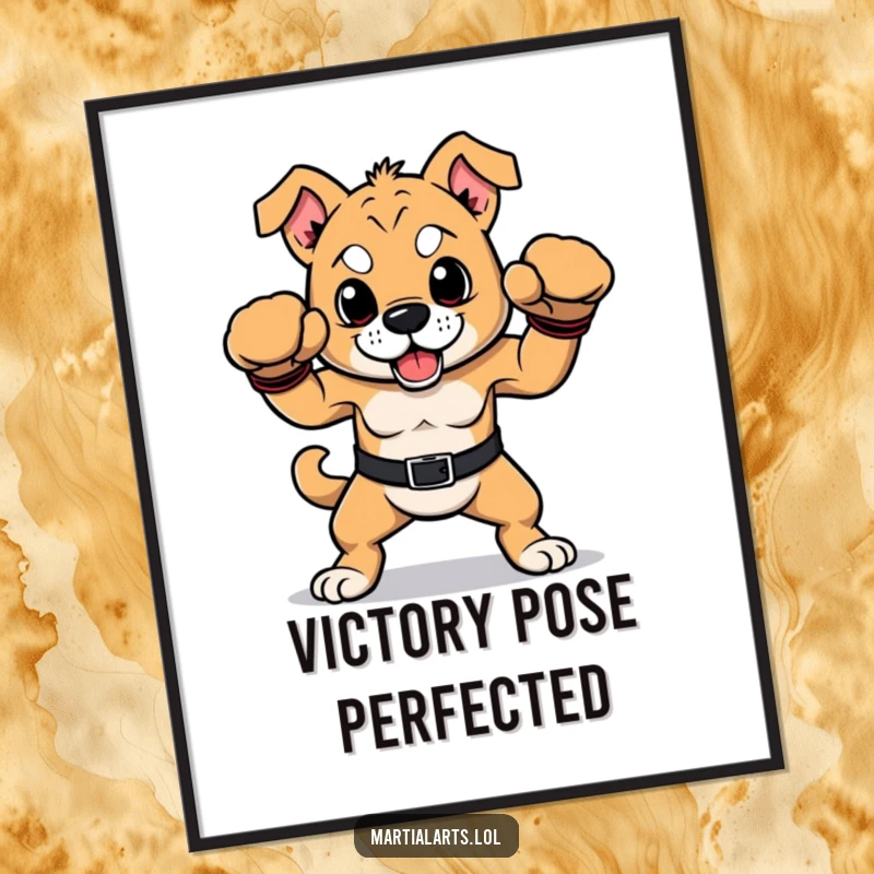 Funny dog digital art print of a proud dog in a victorious boxing pose, bringing humorous energy.