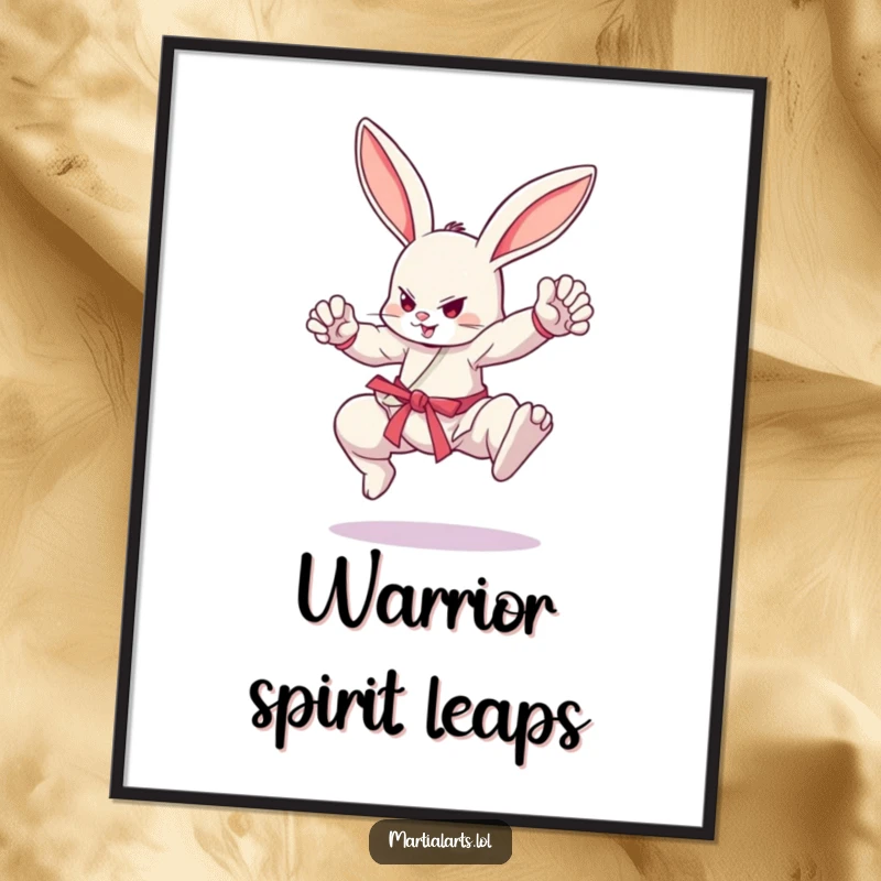 Funny bouncing bunny in dynamic martial arts stance, printable funny digital art, perfect gift.