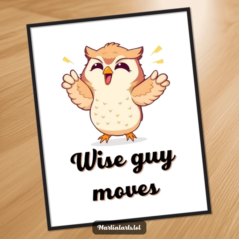 Funny digital art print of a giggling owl making comical air punches, perfect for instant whimsical decor.