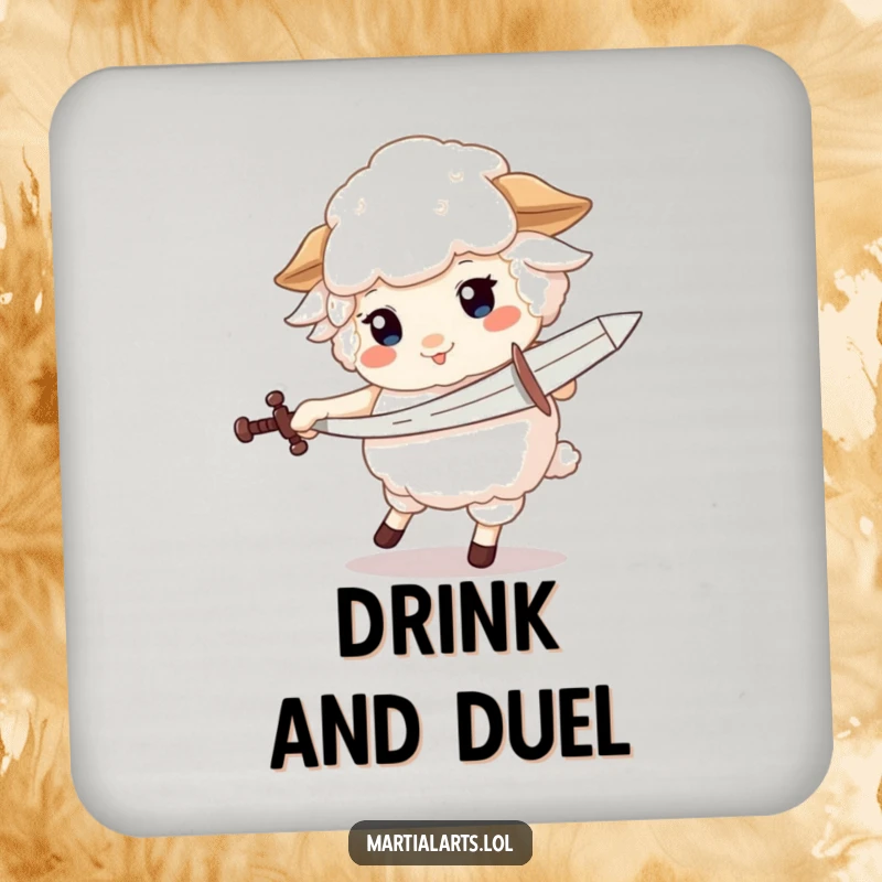 Funny drink coasters with a fluffy sheep spinning with a pretend sword, adding comical flair.
