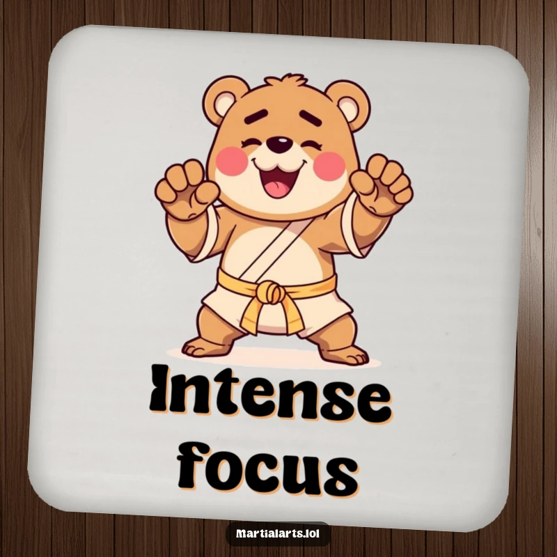 Funny drink coasters with a happy bear striking a martial arts pose, offering protection with warrior-themed humor.